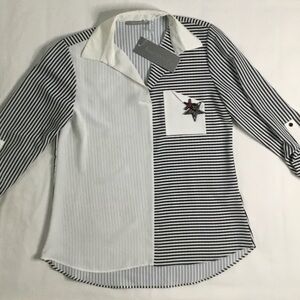 Jovenna Colorblock Black & White Striped Blouse NWT
